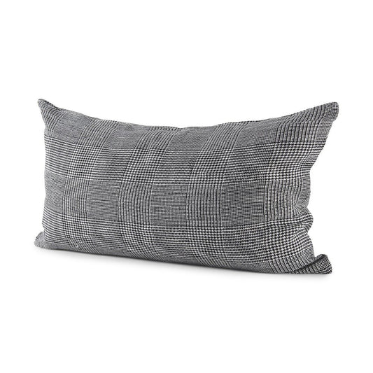 14" X 26" Black And White Herringbone Plaid Linen Throw Pillow Cover