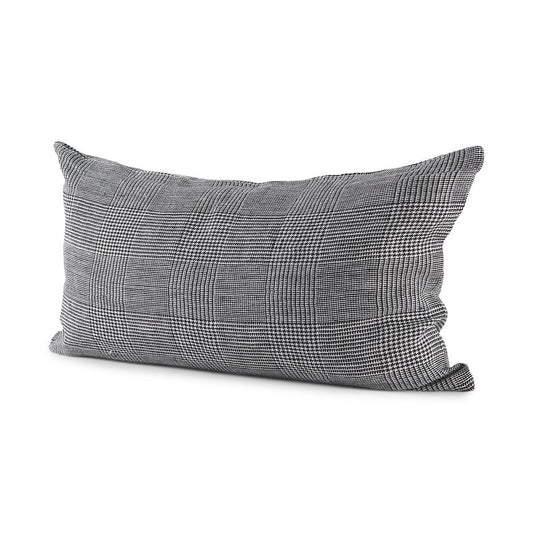 14" X 26" Black And White Herringbone Plaid Linen Throw Pillow Cover