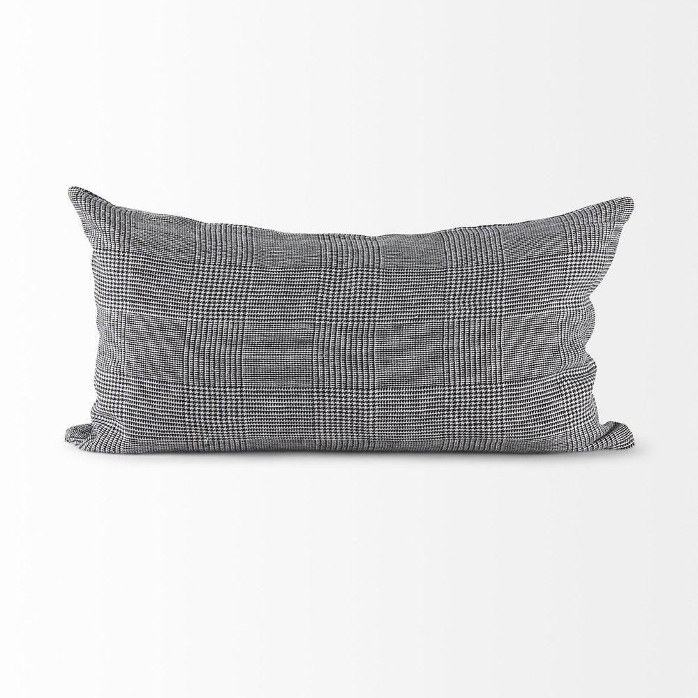 14" X 26" Black And White Herringbone Plaid Linen Throw Pillow Cover