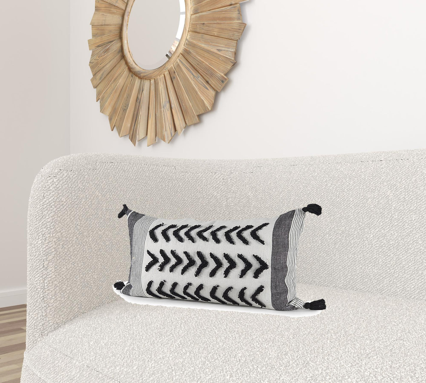 White And Gray Fringed Lumbar Pillow Cover
