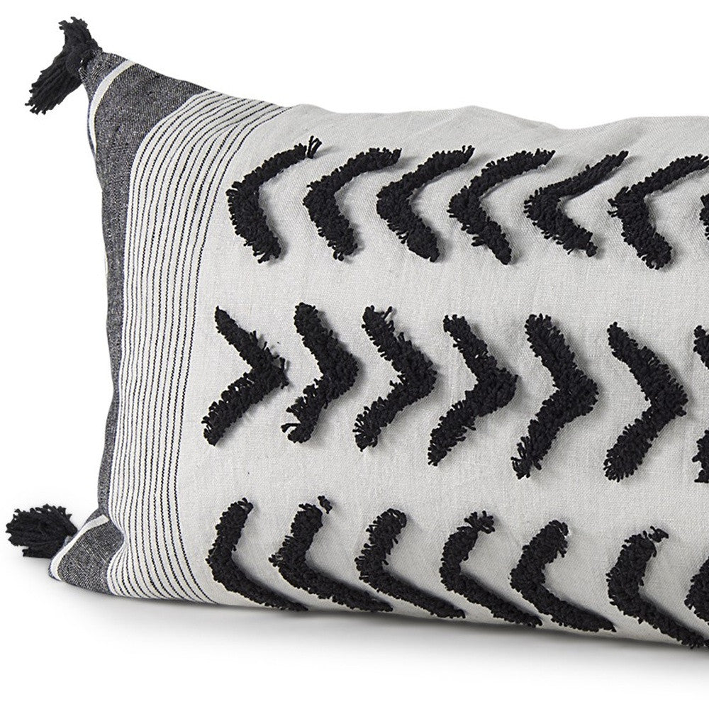 White And Gray Fringed Lumbar Pillow Cover