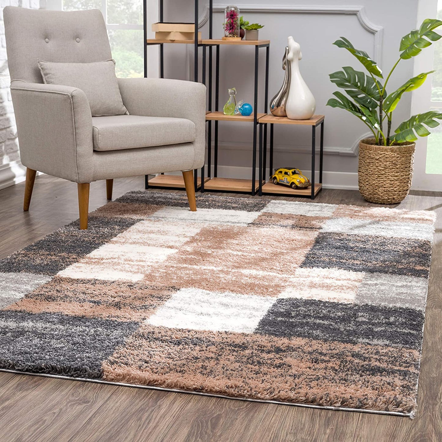 4' X 6' Beige Modern Blocks Area Rug