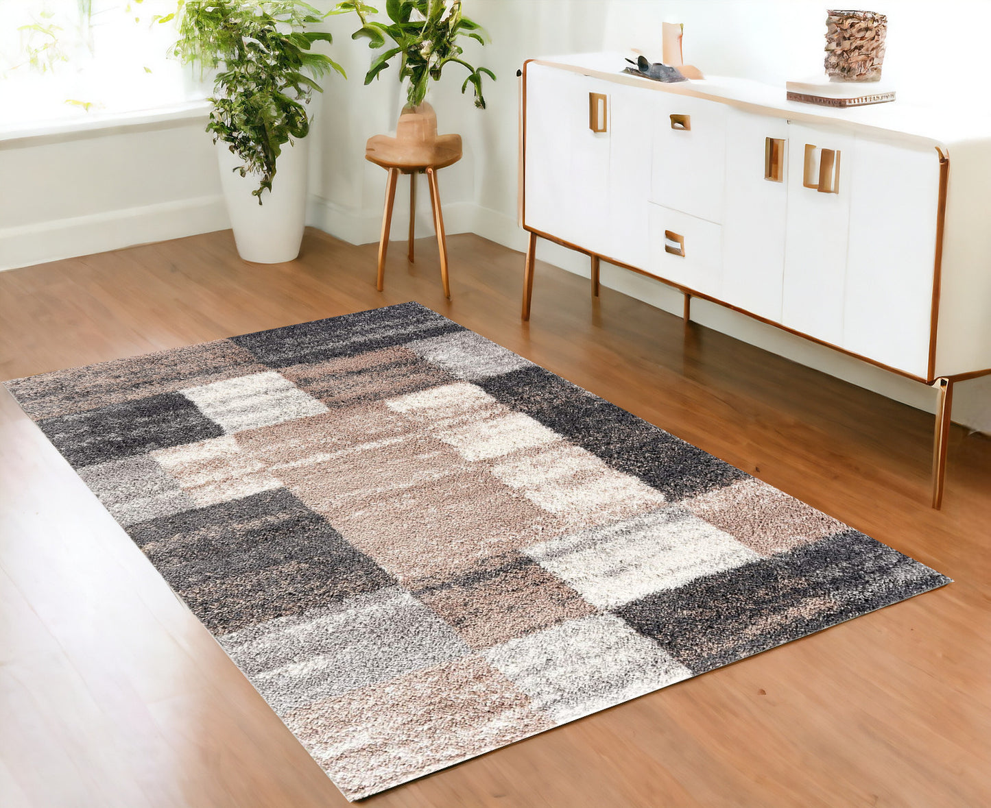 8' X 11' Beige and Ivory Patchwork Shag Area Rug