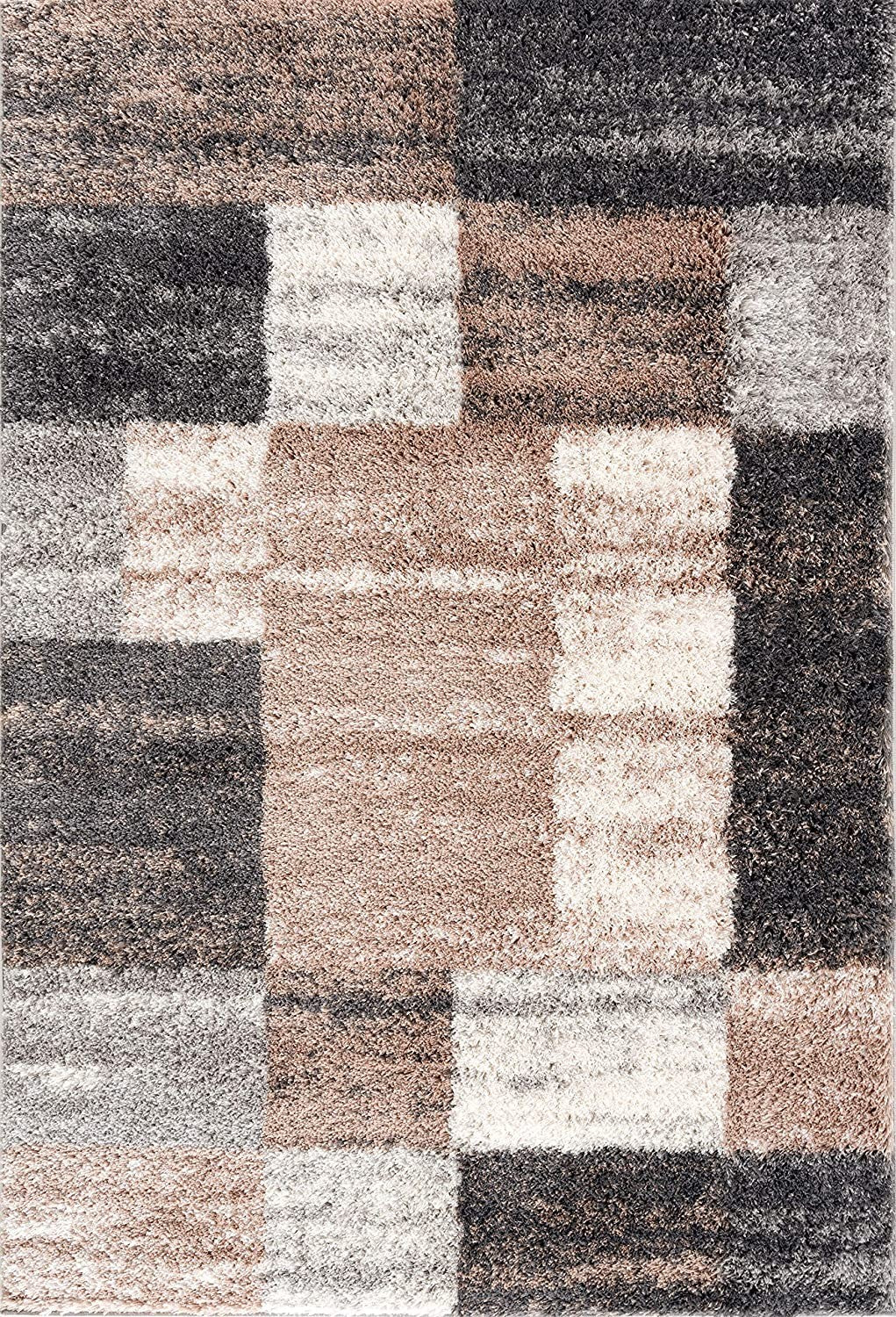 8' X 11' Beige and Ivory Patchwork Shag Area Rug