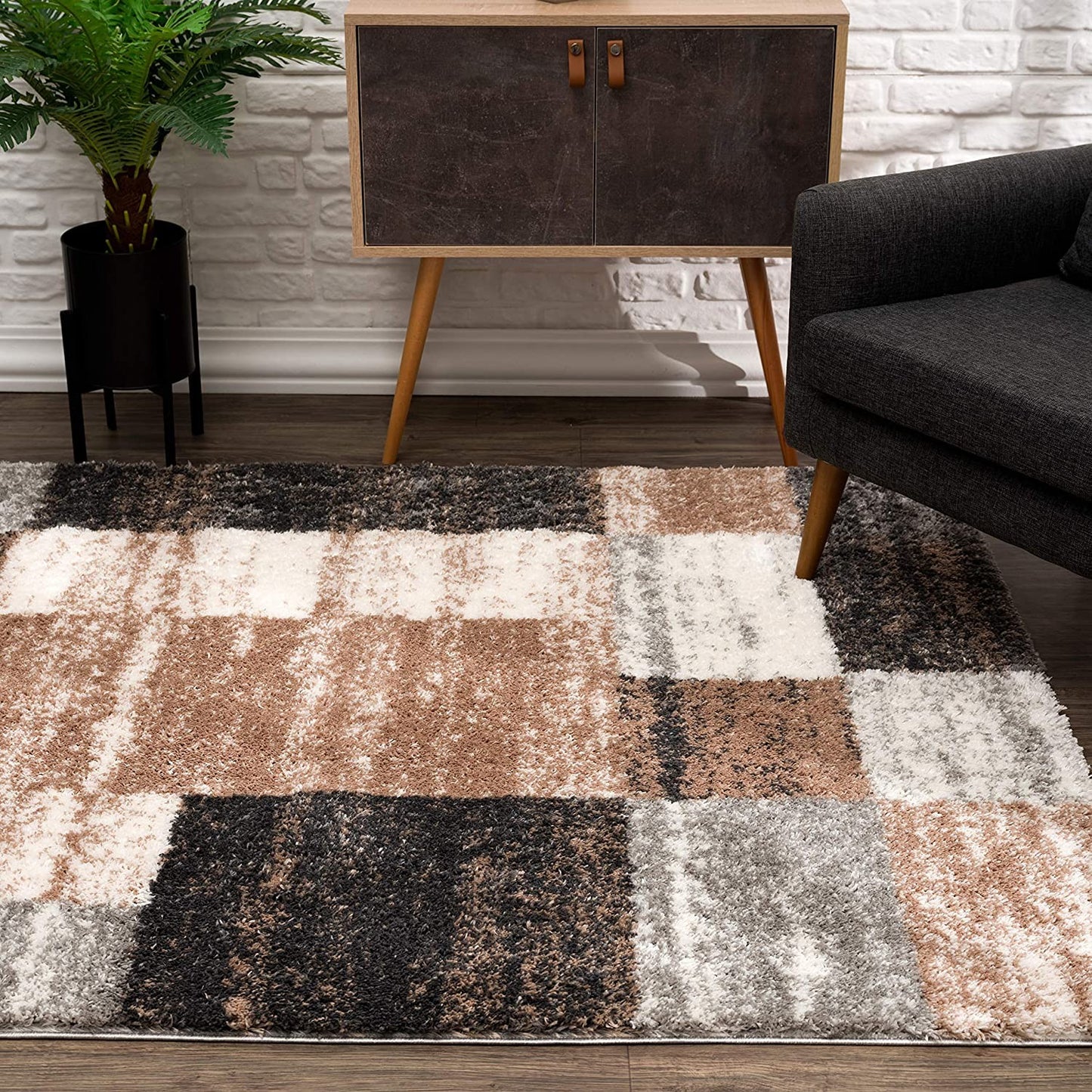 8' X 11' Beige and Ivory Patchwork Shag Area Rug