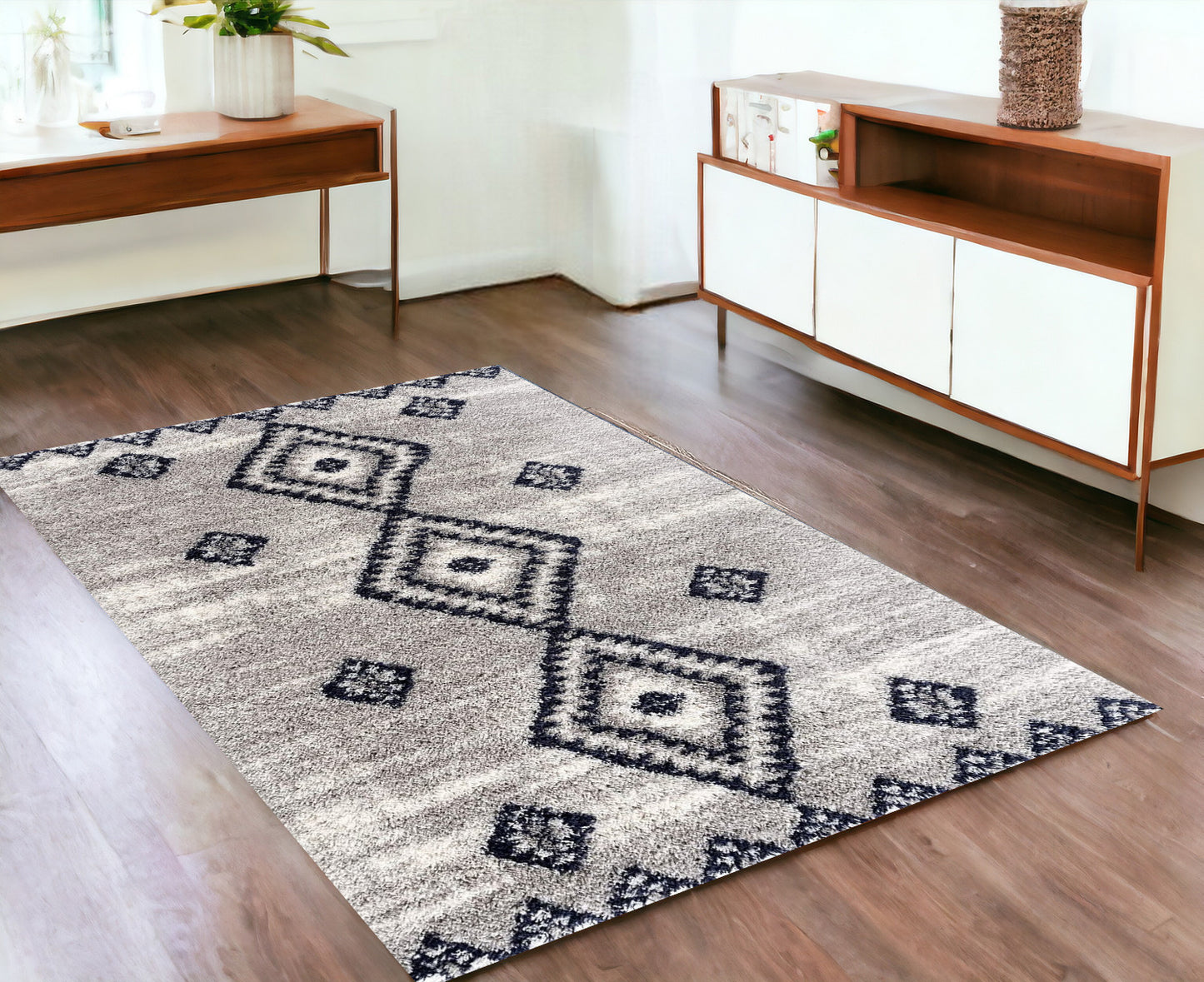 4' X 6' Gray And Navy Boho Chic Area Rug