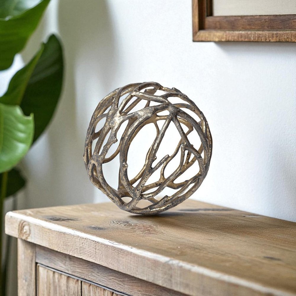 7" Antiqued Gold Rustic Tree Branch Aluminum Orb Tabletop Sculpture