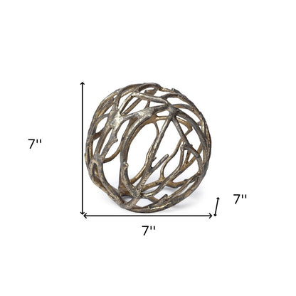 7" Antiqued Gold Rustic Tree Branch Aluminum Orb Tabletop Sculpture