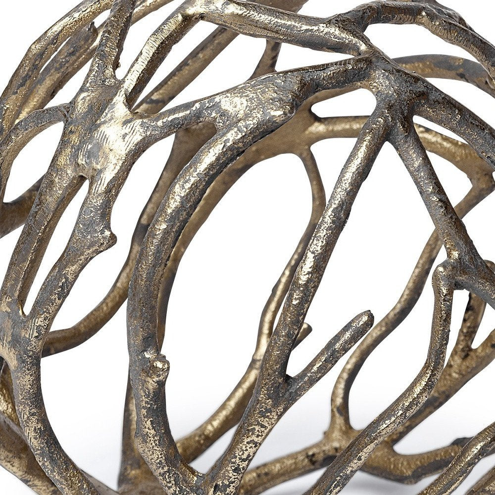 7" Antiqued Gold Rustic Tree Branch Aluminum Orb Tabletop Sculpture
