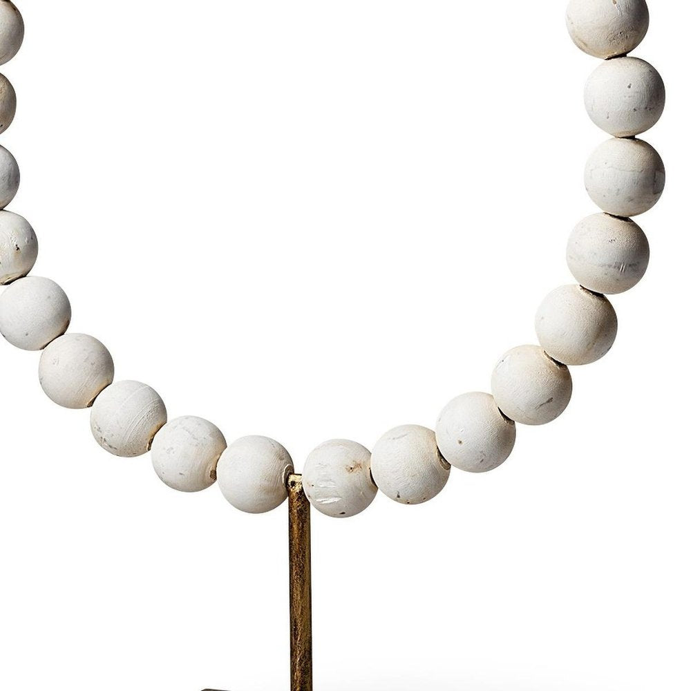 16" White and Gold Wood and Metal Abstract Beaded Tabletop Sculpture