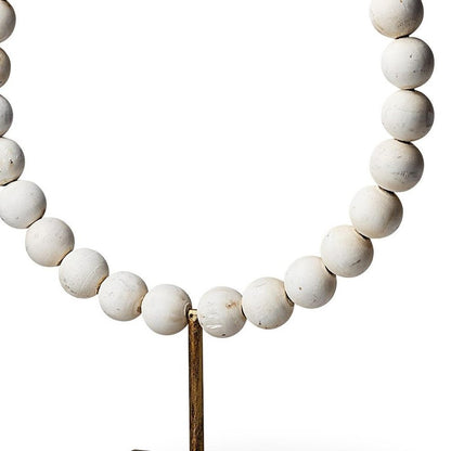 16" White and Gold Wood and Metal Abstract Beaded Tabletop Sculpture