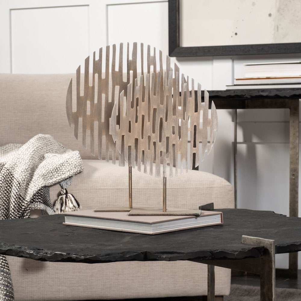 17" Antiqued Gold Round Disc Metal Tabletop Sculpture