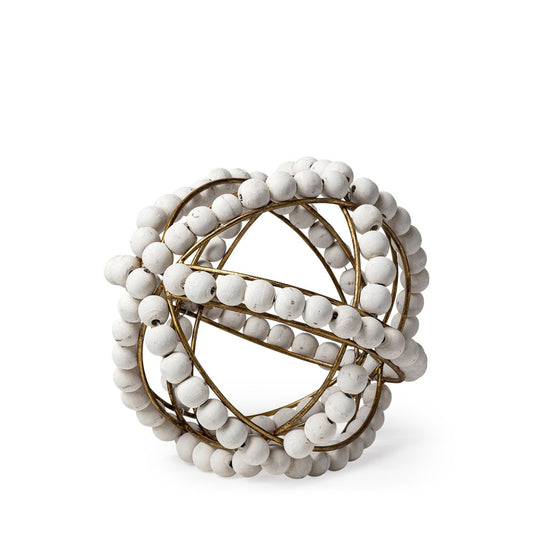 9" White And Gold Wooden Bead And Metal Orb Sculpture