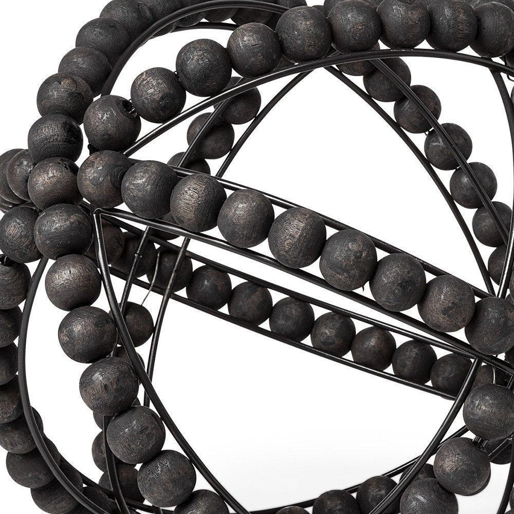 12" Black Wood Bead And Metal Decorative Orb Sculpture