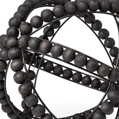12" Black Wood Bead And Metal Decorative Orb Sculpture