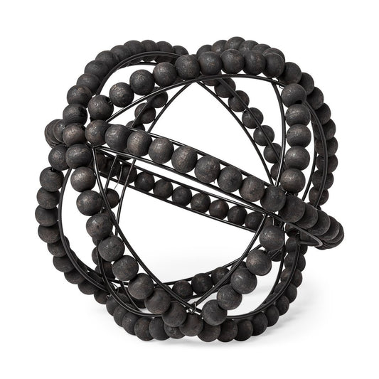 12" Black Wood Bead And Metal Decorative Orb Sculpture