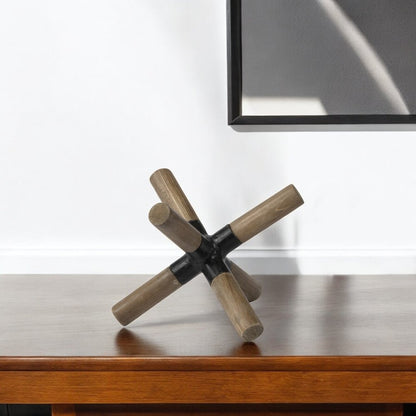 5" Brown Metal And Wood Modern Abstract Tabletop Sculpture