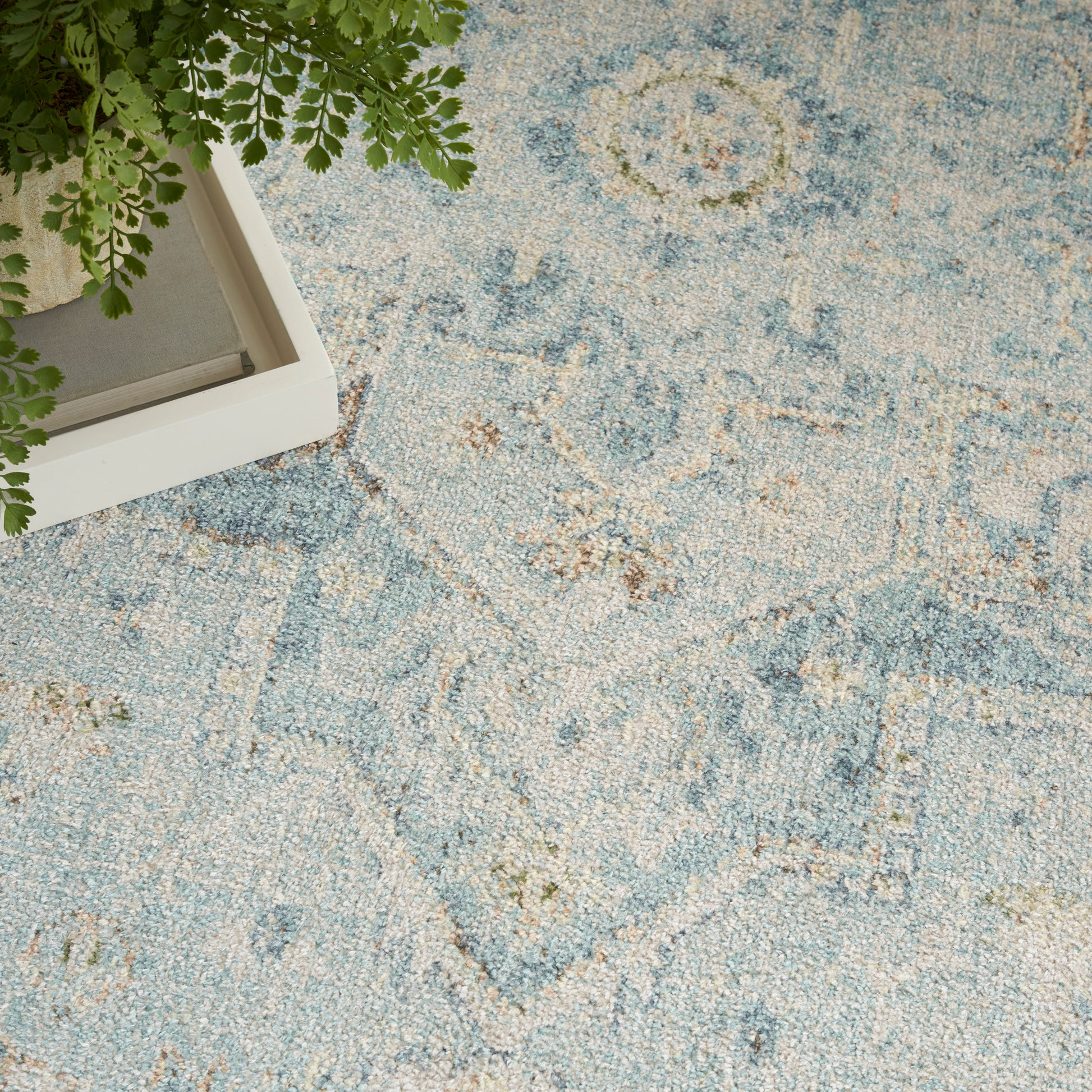 Blue and beige geometric patterned area rug with a textured surface, paired with a white planter and green fern.