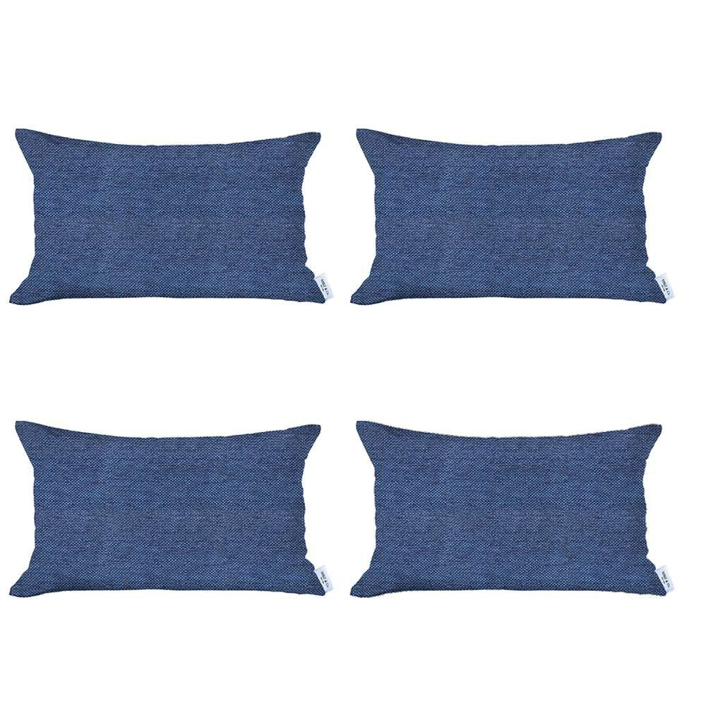 Set Of 4 Blue Jacquard Lumbar Pillow Covers