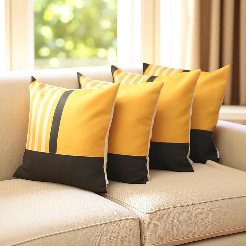 Set Of 4 Yellow And Black Printed Pillow Covers