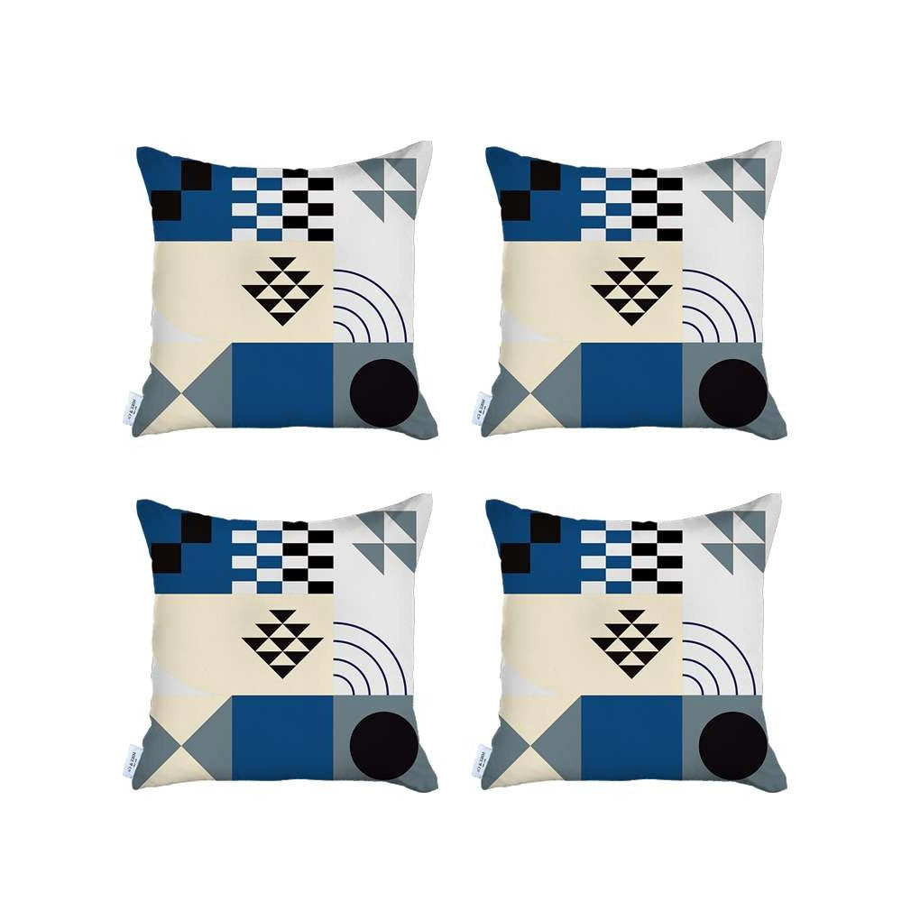 Set Of 4 Blue Boho Chic Printed Pillow Covers