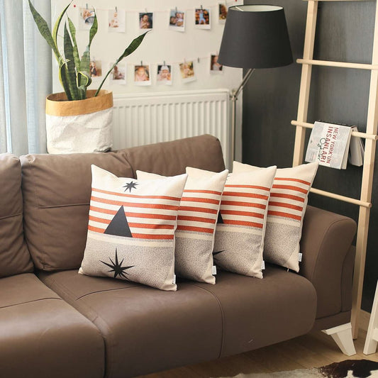 Set of Four 18" Orange And Ivory Geometric Throw Pillow Covers