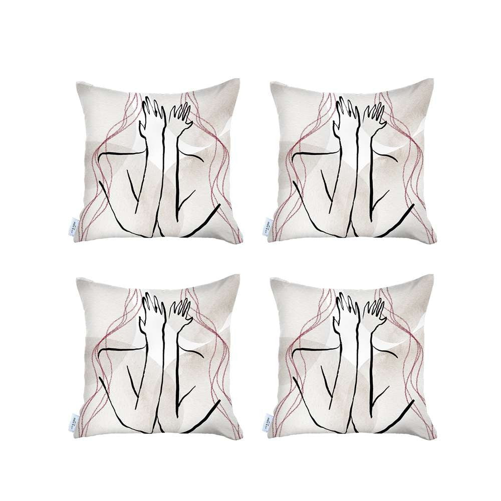 Set Of 4 White Boho Chic Printed Pillow Covers