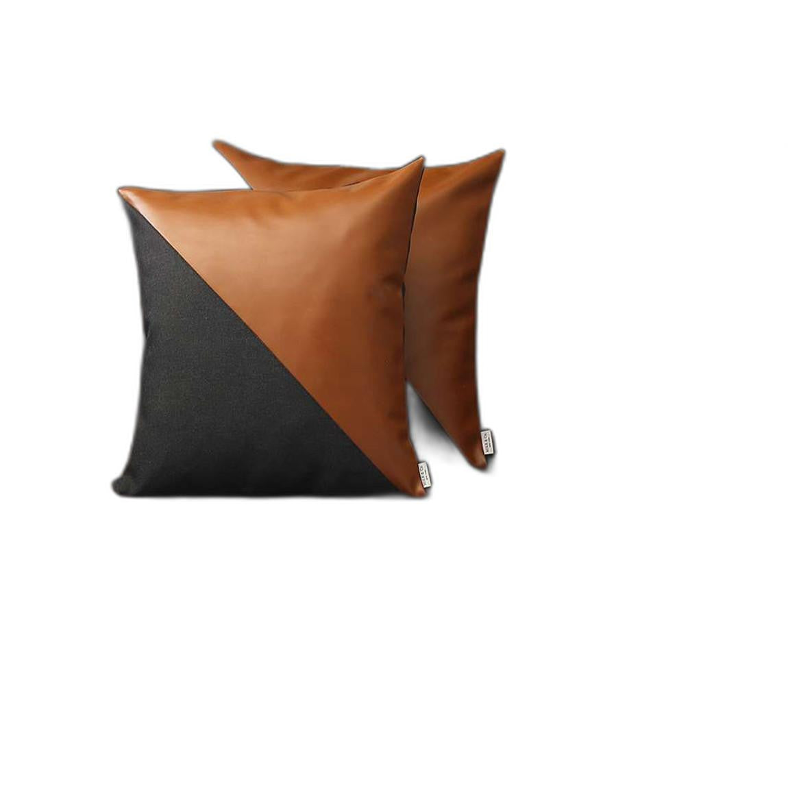 Set Of 2 Black And Faux Leather Lumbar Pillow Covers