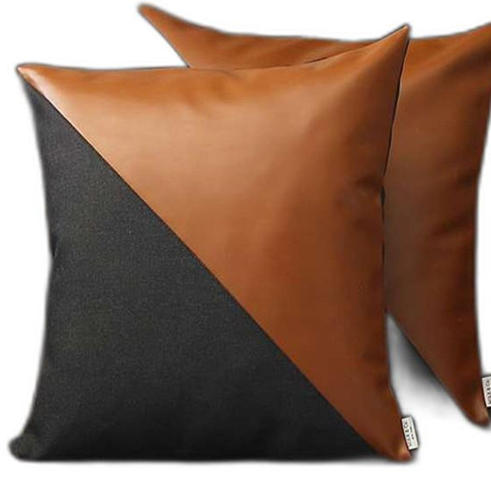 Set Of 2 Black And Faux Leather Lumbar Pillow Covers