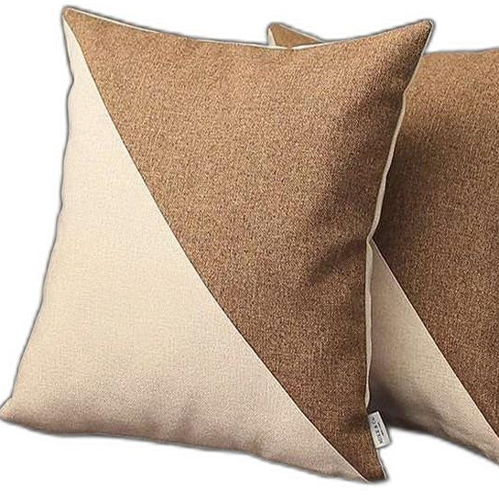 Set Of 2 Brown And White Diagonal Pillow Covers