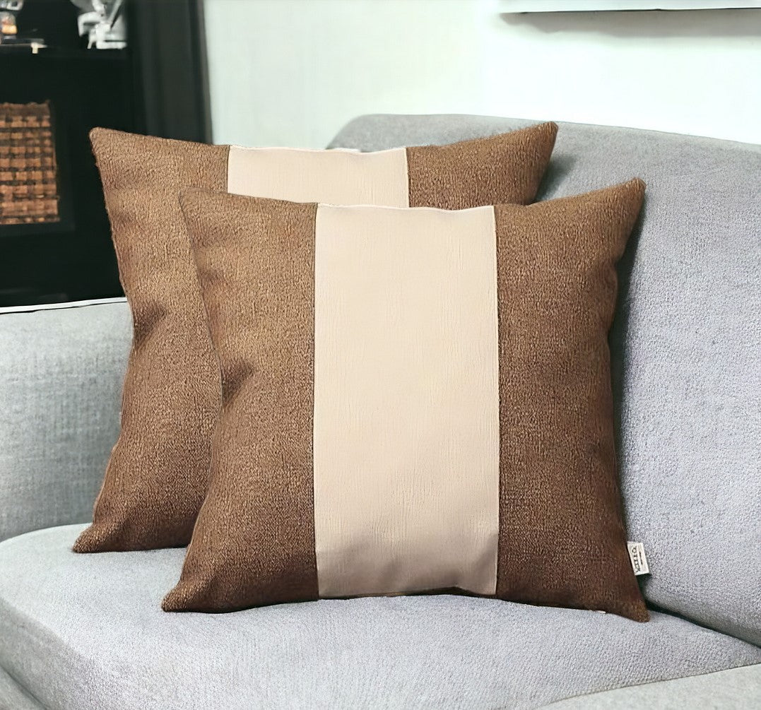 Set of Two 18" Brown and Ivory Throw Pillow Cover