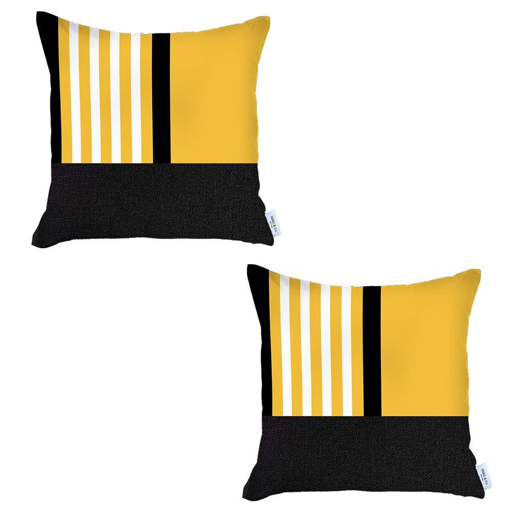 Set Of 2 Yellow And Black Printed Pillow Covers