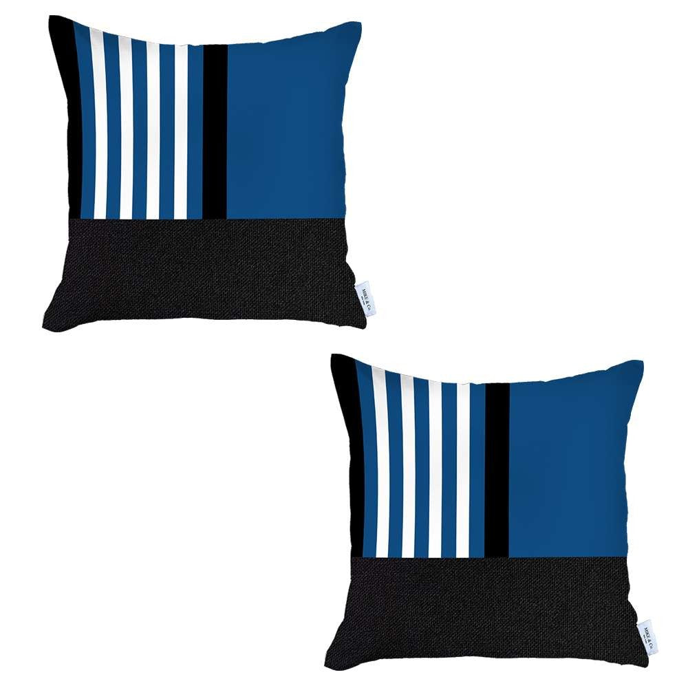 Set Of Two 18 X 18 Black And Blue Polyester Throw Pillow Cover
