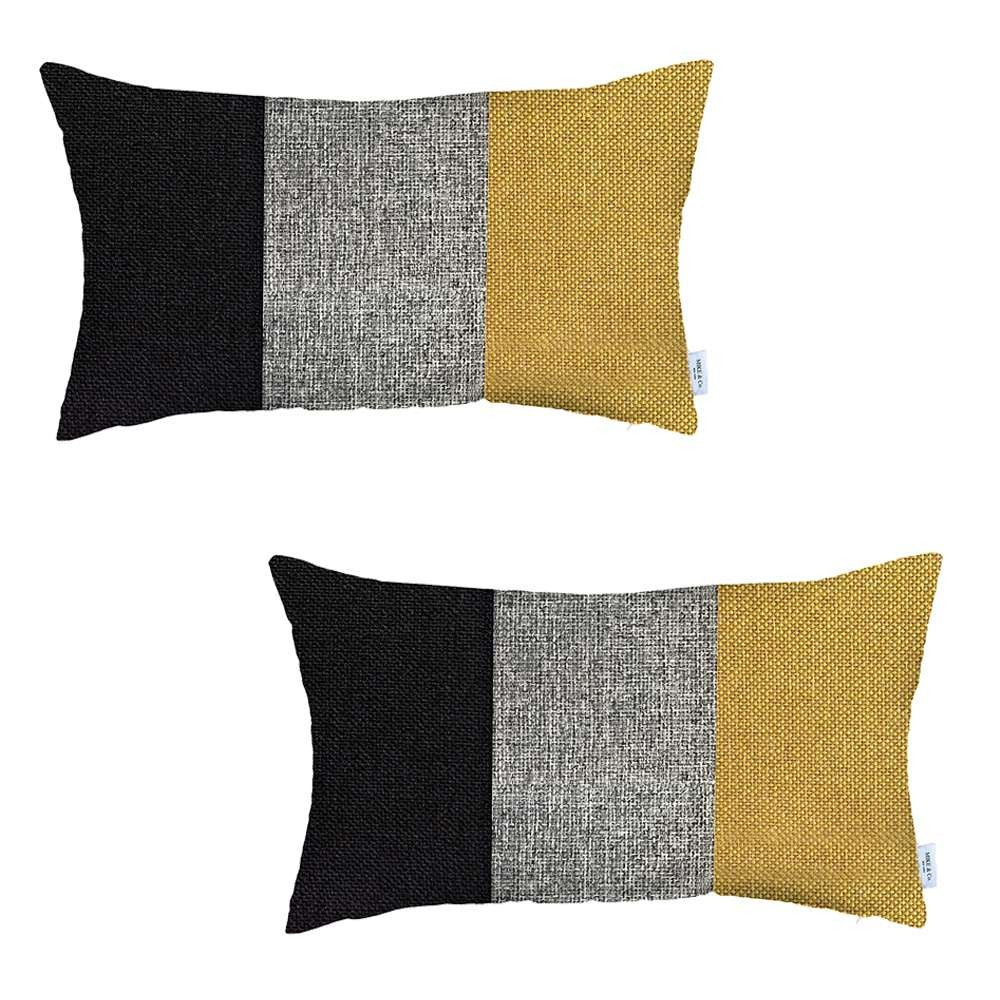 Set Of Two Yellow And Black Zippered Handmade Polyester Lumbar Pillow Cover