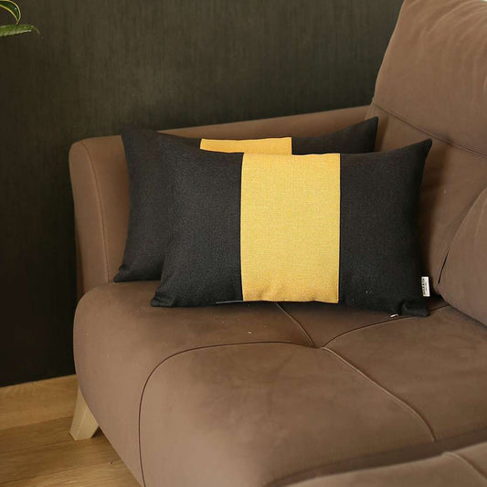 Set Of 2 Black And Yellow Lumbar Pillow Covers