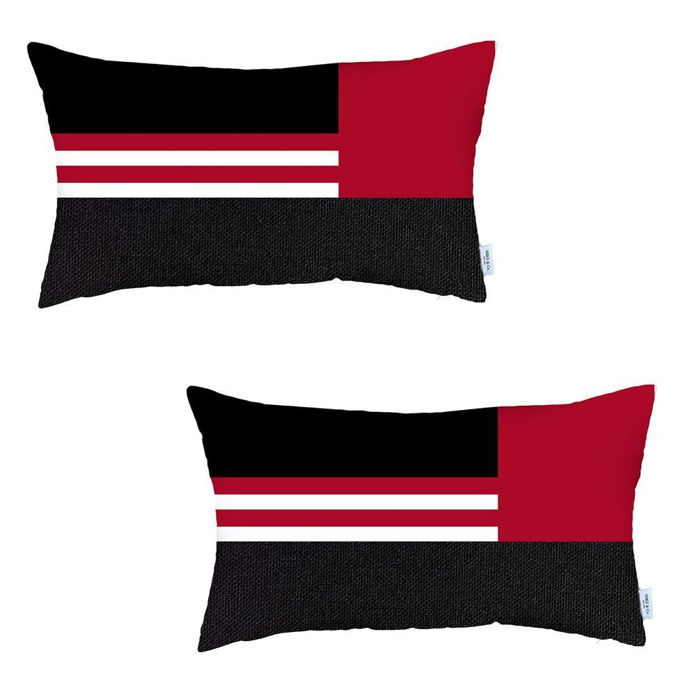 Set Of 2 Red Geometric Lumbar Pillow Covers