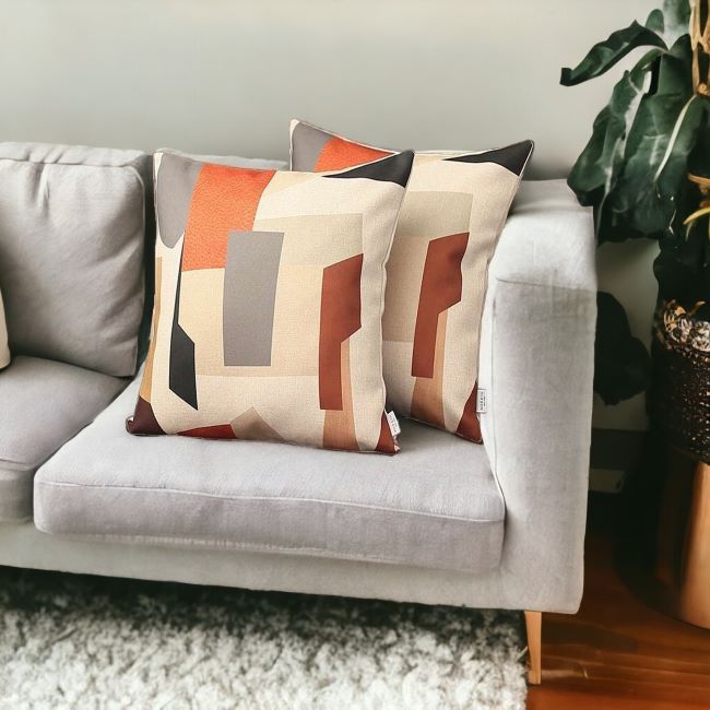 Set of Two 18" X 18" Orange and Ivory Polyester Pillow Cover