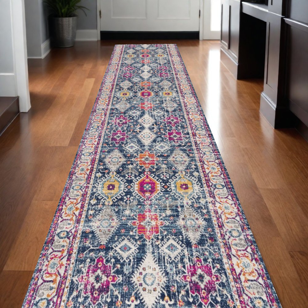 20' Blue And Ivory Oriental Runner Rug