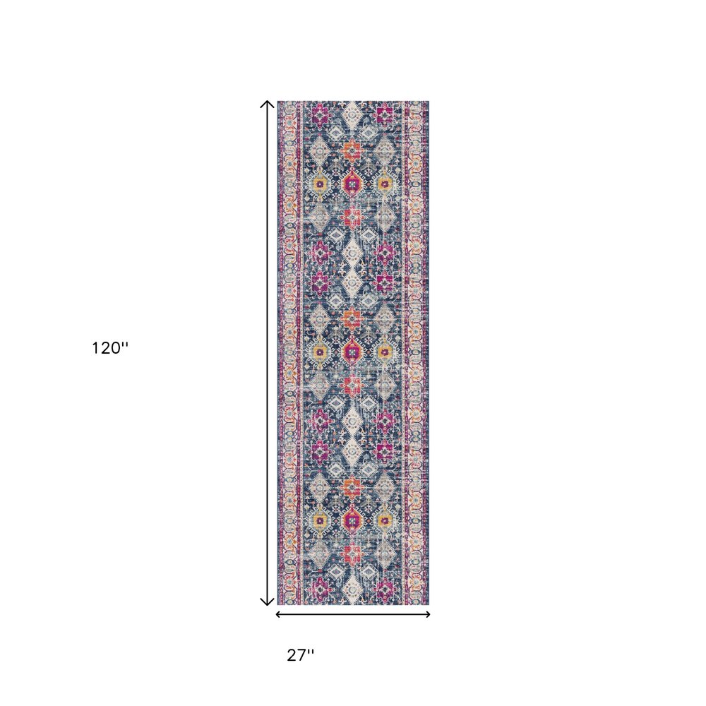 13' Blue And Ivory Oriental Runner Rug