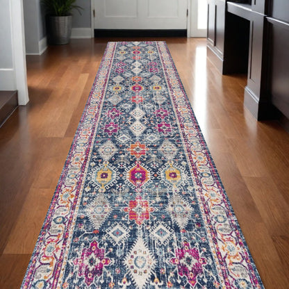 20' Blue And Ivory Oriental Runner Rug
