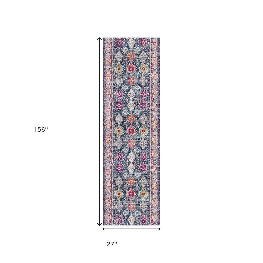 13' Blue And Ivory Oriental Runner Rug