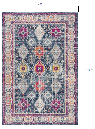 12' Runner Blue and Ivory Oriental Runner Rug