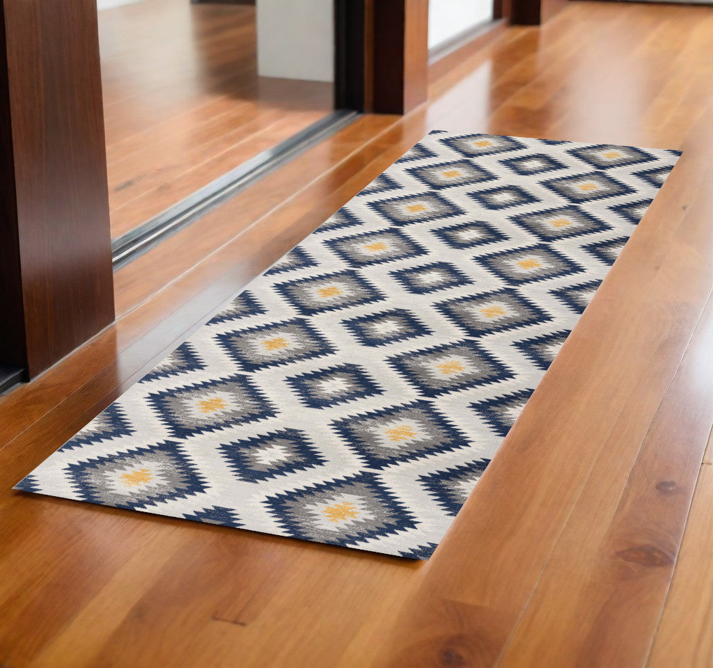 9' X 13' Blue and Gray Kilim Pattern Area Rug