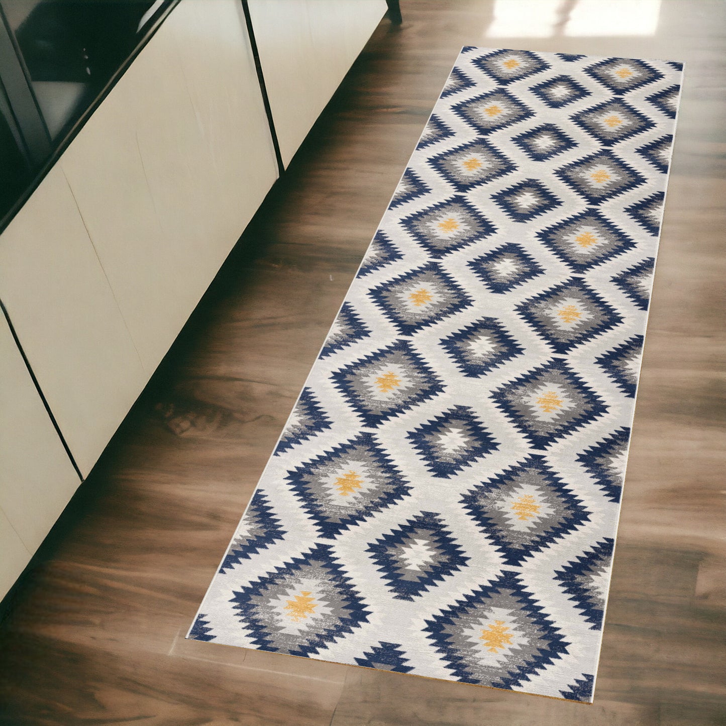 9' X 13' Blue and Gray Kilim Pattern Area Rug