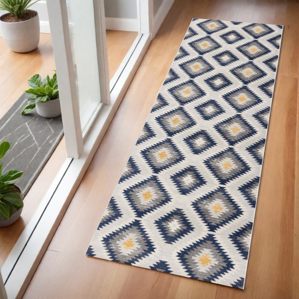 2' X 5' Blue Ikat Kilim Area Rug