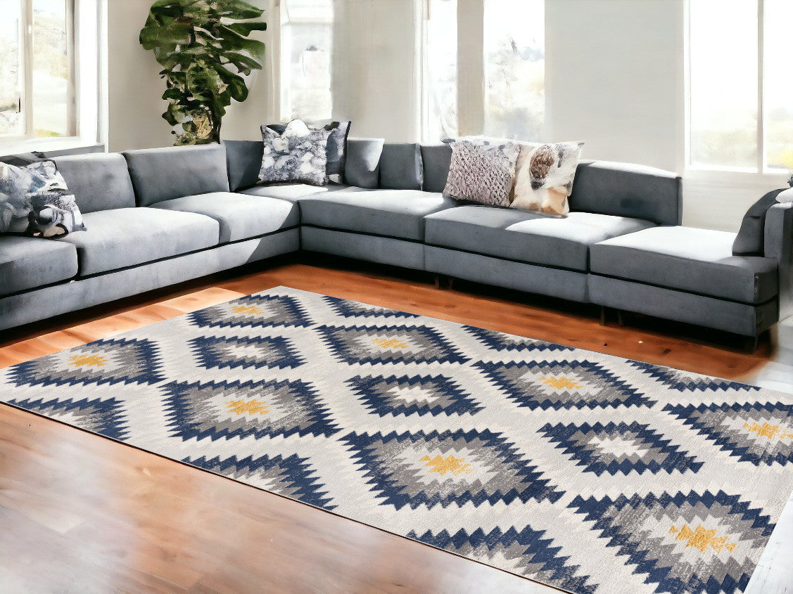 9' X 13' Blue and Gray Kilim Pattern Area Rug