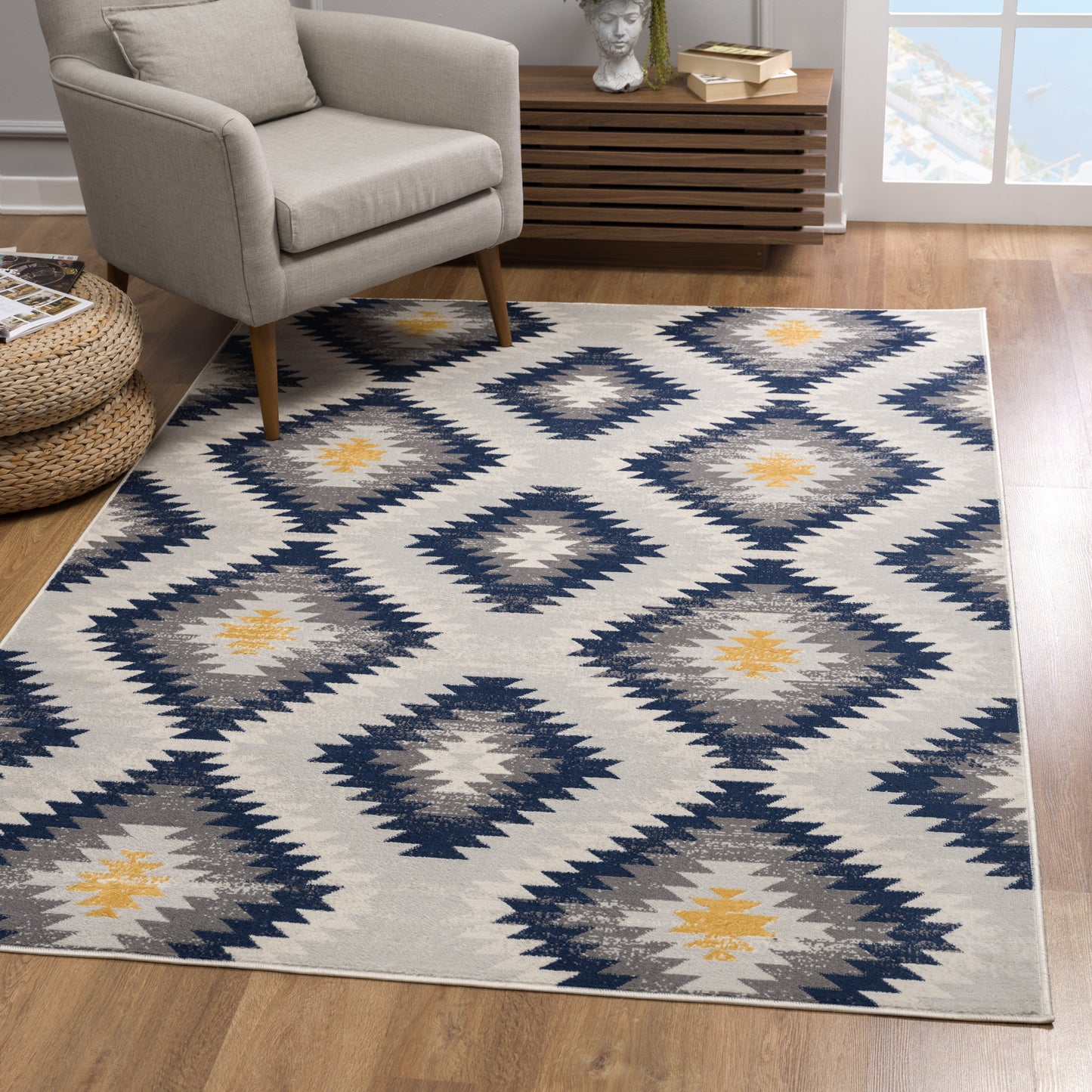 9' X 13' Blue and Gray Kilim Pattern Area Rug