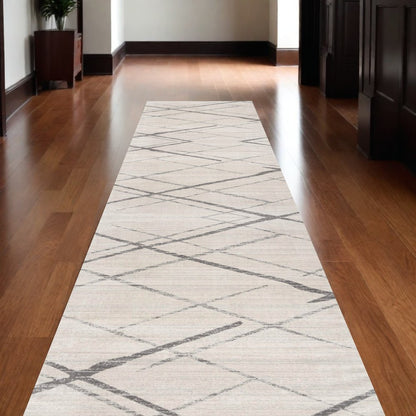 20' Gray And Ivory Geometric Runner Rug