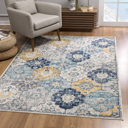 3' X 5' Blue and Yellow Floral Distressed Area Rug