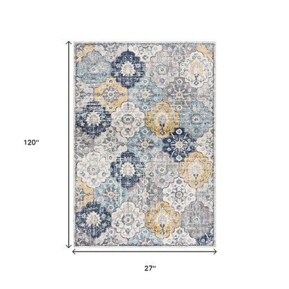 10' Blue And Yellow Floral Runner Rug